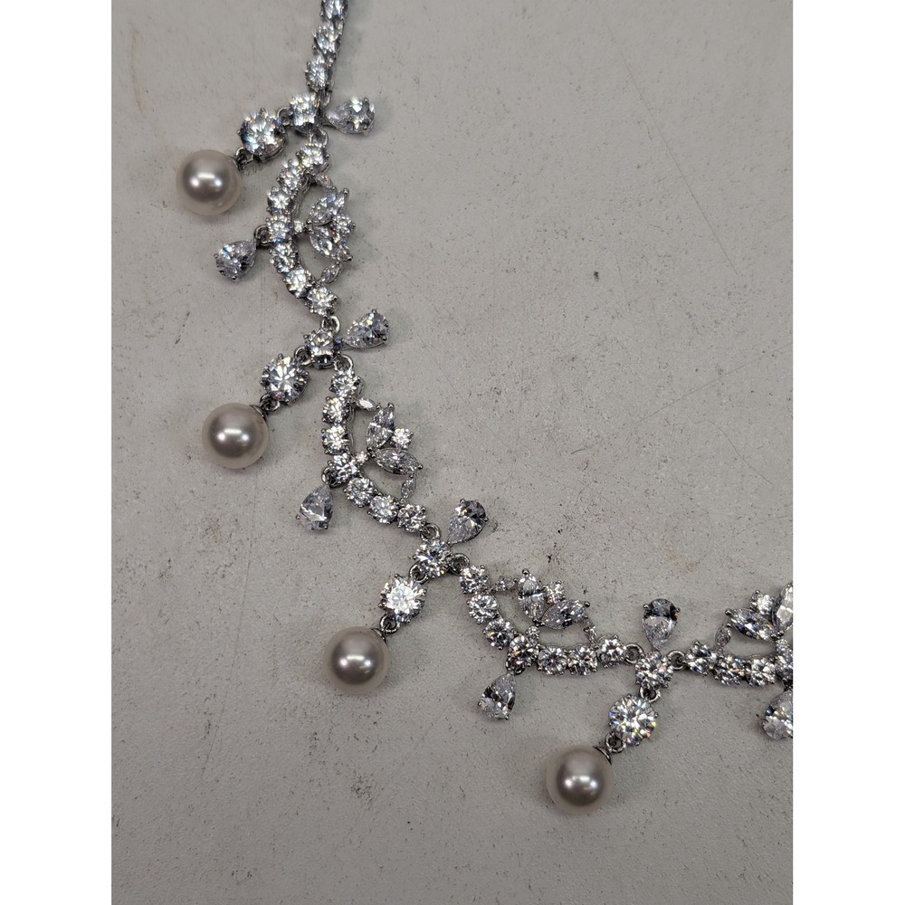 Nadri Cubic Zirconia Faux Pearl Drop Necklace Rhodium Plated NN463RWP Bridal NEW - Picture 3 of 9